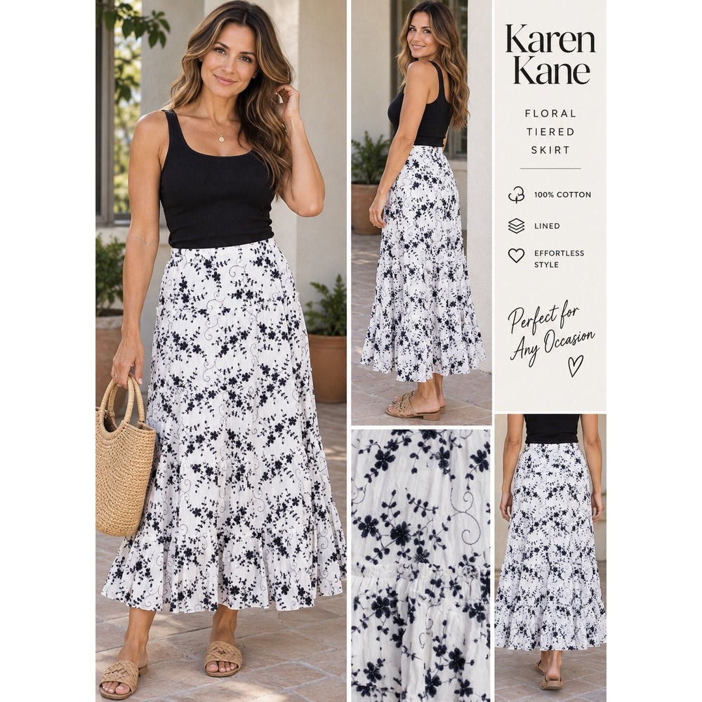 Karen Kane Black White Floral Tiered Cotton Midi Skirt Smal